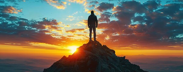 silhouette of a man on top of a mountain peak