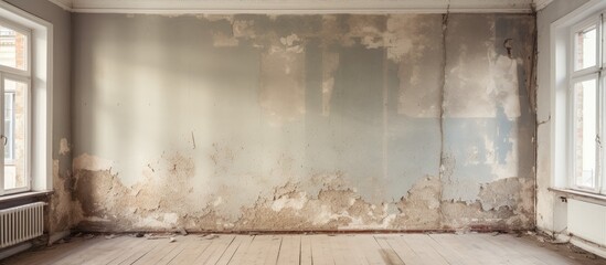 Poster - An empty room with a wooden floor and dirty walls, showcasing a blend of tints and shades. The hardwood floor contrasts with the landscape art on the wall