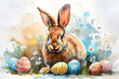 Watercolor painting of Easter bunny, flowers, and eggs, perfect for holiday decorations and greeting cards.