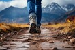 Close-up of womans hiking shoes in mountain landscape, outdoor adventure travel and exploration