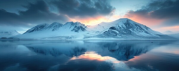 Wall Mural - Snowy mountains in winter day near lake under dark sky at sunrise