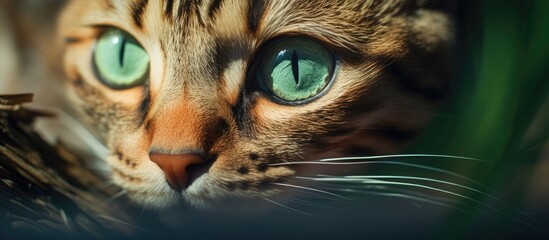 Poster - A close up of a small to mediumsized cats face with green iris eyes, whiskers, and fur. The carnivore belongs to the Felidae family, a terrestrial animal in wildlife