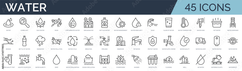 Set of 45 outline icons related to water. Linear icon collection ...