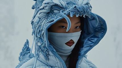 woman wearing surreal blue dragon shaped quilted hoodie with a voluminous layers of dragon texture, the hood part is made of blue dragons head , use blue and white as colour