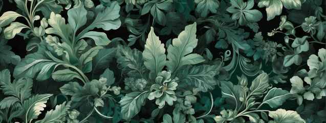 Poster - Forest green evolving into emerald and jade tones. Lush, verdant foliage motif with intricate leaf patterns.