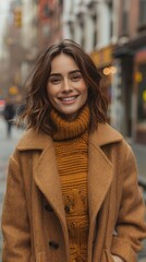 Wall Mural - Stylish smiling woman standing on city street