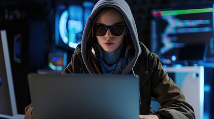 beautiful young female hacker programmer sitting at a laptop