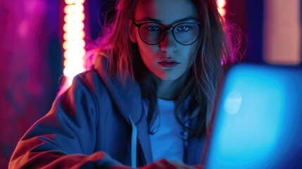 beautiful young female hacker programmer sitting at a laptop