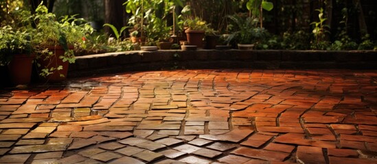 Canvas Print - A brick patio adorned with potted plants against a backdrop of lush natural landscape, featuring wood flooring and surrounded by a variety of trees and grass