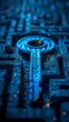 In the depths of a virtual labyrinth a key materializes its intricate design a testament to advanced cyber security measures Soft blue hues evoke a sense of digital tranquility
