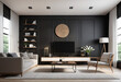Modern luxury living room interior background, living room interior mockup, interior with black walls, dark interior of living room with black wall, chair, and wooden console,. 