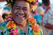 Close-up of a cheerful middle-aged man adorned with a colorful lei at a festive event