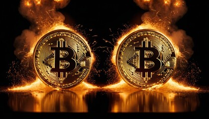 Two Bitcoin symbols stand side by side, shrouded in fire and smoke, representing the surge of interest and the fierce competition in the cryptocurrency market. The fiery effect emphasizes the high