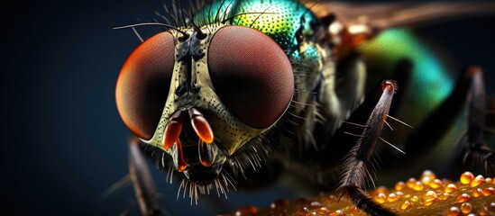 Wall Mural - A close up of an arthropod insect, a fly, sitting on a flower. Captured with macro photography, showcasing its symmetry. A glimpse into wildlife