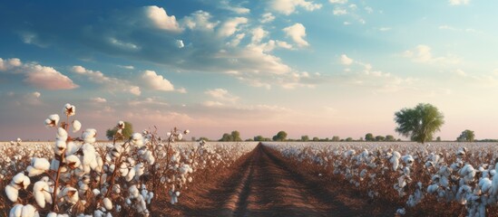 Wall Mural - A cotton field in the ecoregion with a dirt road under a colorful sunset sky. Trees, grass, and clouds adding to the natural landscape