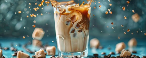 Tasty ice coffee with milk with cream cheese poured over