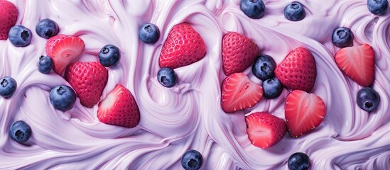 Poster - A close up of a purple ice cream topped with fresh strawberries and blueberries, showcasing the natural sweetness of fruit in this delicious dessert