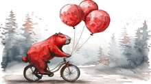  A Drawing Of A Bear Riding A Bike With Three Red Balloons Attached To The Back Of It's Head.