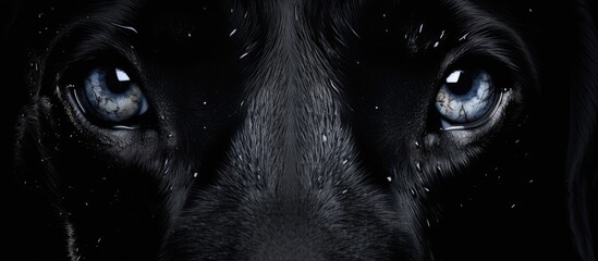 Poster - A closeup of a black dogs monochrome eyes in the darkness, showcasing the intricate pattern of whiskers and symmetry, resembling a piece of art with circular shapes