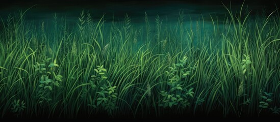 Poster - A field of tall green grass under an electric blue sky, set against a dark background, creating a captivating natural landscape