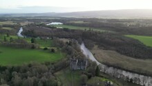 Scenic aerial footage of Doune Castle in Scotland. This 14th-century castle has become popular filming location for movies such as Monty Python and the Holy Grail, Outlander and Game of Thrones 
