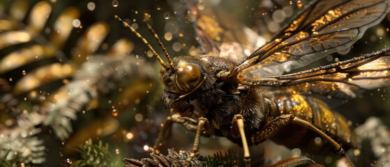 Wall Mural - a close up of a yellow and black insect on a branch of a tree with drops of water on it.