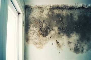 Black mold infestation in a neglected house interior.