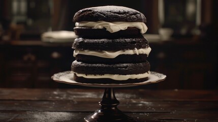 Sticker - a chocolate cake with white frosting stacked on top of a cake platter on a wooden table in front of a mirror.