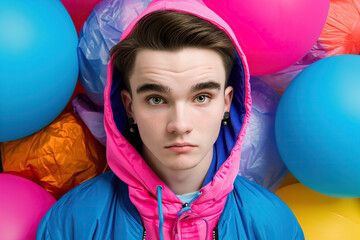 A stylish young man in a blue jacket stands in front of colorful balloons.