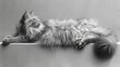  a black and white photo of a long haired cat laying on top of a window sill with it's eyes closed.