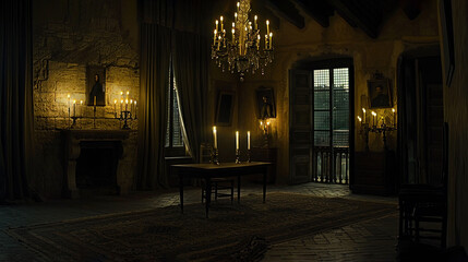 Poster - a dark room with a chandelier and a table in the middle of the room with candles on it.