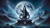 Fototapeta Sport - Illustration of lord shiva silhouette with trident against full moon for maha shivratri.
