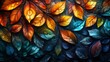 A vibrant collection of autumn leaves depicted in a stained glass art style, with a mosaic of rich, warm colors.