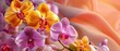 Closeup of orange, purple orchids on a silk fabric backdrop. Luxury colorful bloom, pink violet beautiful phalaenopsis in bright colors . Card, banner.