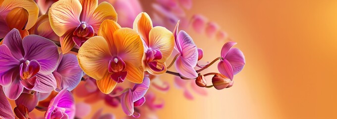 Branch of yellow, orange, purple orchids orange hues backdrop. Luxury colorful bloom, pink violet beautiful phalaenopsis in bright colors. Card, banner.