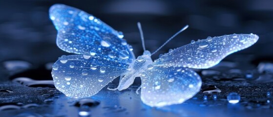 Wall Mural - a close up of a blue butterfly on a wet surface with drops of water on the wings and back of its wings.