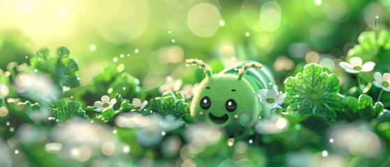 Wall Mural - a close up of a green stuffed animal in a field of grass with white flowers on it's head.