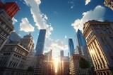 Fototapeta  - New York City Manhattan skyscrapers and street view with blue sky.