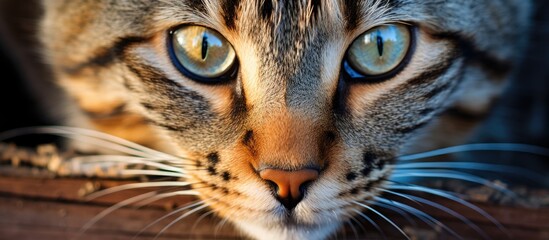 Wall Mural - A closeup of a Felidae organism, a small to mediumsized carnivorous cat, with blue eyes staring at the camera. The cat has whiskers, a snout, and fur