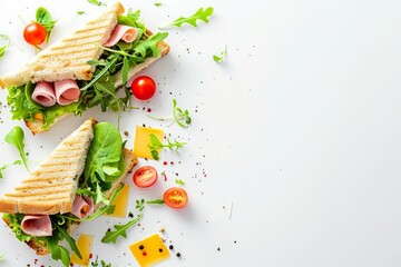 Wall Mural - Delicious Ham and Cheese Sandwich with Fresh Vegetables on White Background, Top View