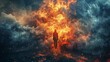 A person standing in front of a fire and clouds, AI
