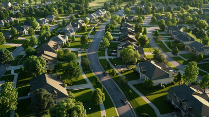 Wall Mural - An aerial view of a sprawling suburban neighborhood with neatly manicured lawns and tree-lined streets.