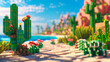 realistic voxel suny seaside background scene with cubic cactuses and flowers. best for the adventure gaming footage