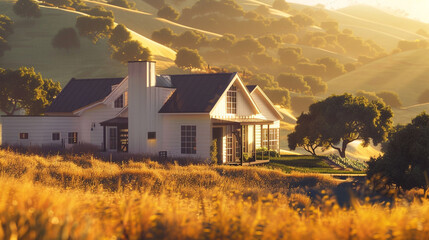 Wall Mural - An enchanting modern farmhouse enveloped in rolling hills and bathed in golden sunlight.