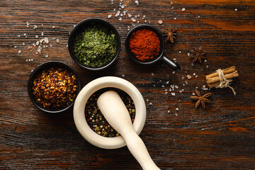 Wall Mural - Various Spices on dark vintage background.. Top view