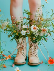 Wall Mural - Fashionable pastel vintage concept of women's footwear with woman legs inside boots, deep autumn boots full of fresh, spring flowers against pastel aquamarine background