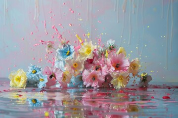 Wall Mural - Flower explosion on the old shabby desk, pastel colors