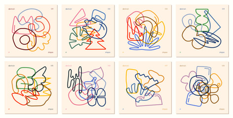 Aufkleber - Set of compositions from contours various unusual figures drawn hand with multiplying effect, Сollage of сurve silhouettes minimal childish bizarre abstract playful geometric shapes, wall art set 1