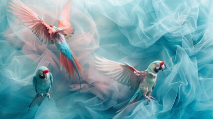 Wall Mural - Light elegant wallpaper made of pastel and blue tulle fabric with vibrant pastel parrots