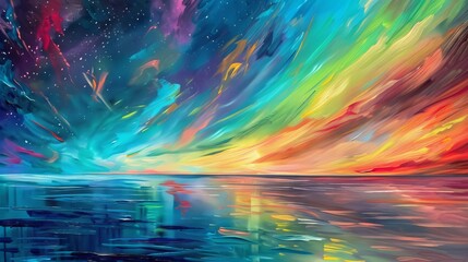 Wall Mural - Colorful abstract interpretation of the northern lights over a calm ocean, in oil painting form.